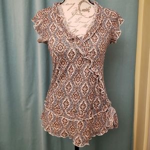 MultiColored Beige&Blue Ruffly Short Sleeved Top